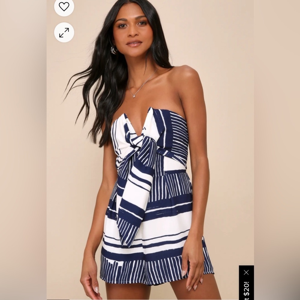 NWT Lulu’s Delphi Blue and White Striped Tie-Front Strapless Romper Size S